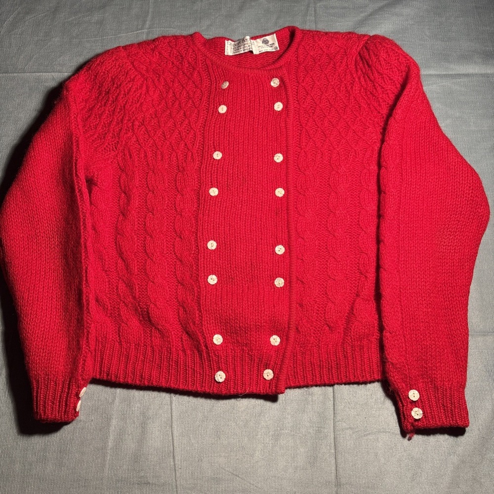 Robert Scott Red Shetland Wool Cable Knit Double Breasted Cardigan Sweater 34